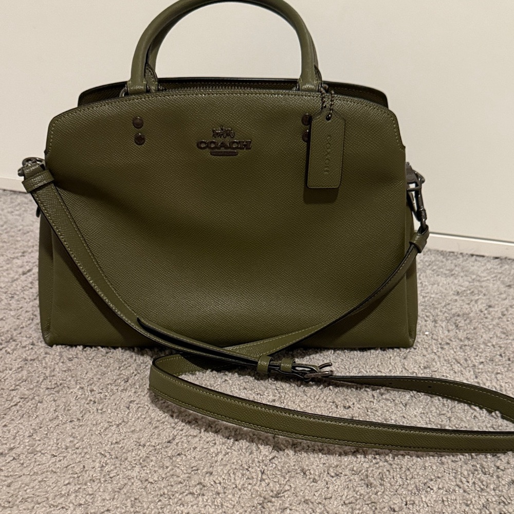 Coach Olive Green Pebbled Leather Satchel with Crossbody Strap